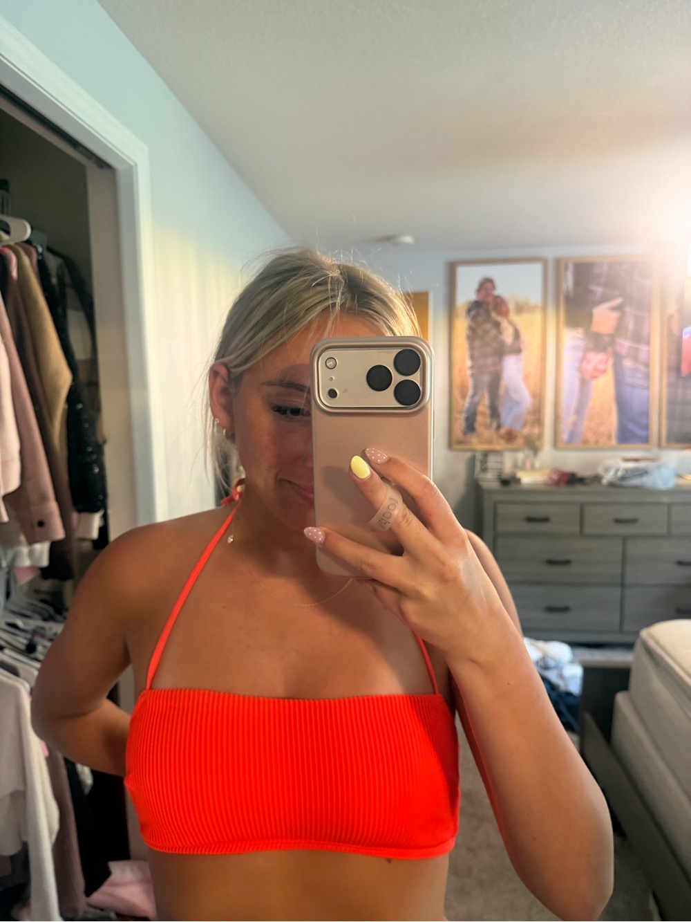 Neon Red/oraange Ribbed Halter Bandeau Top